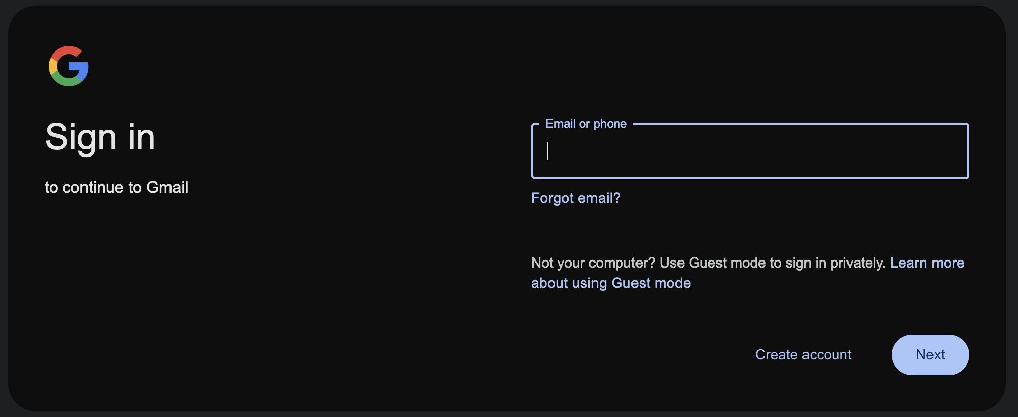 Gmail sign in page